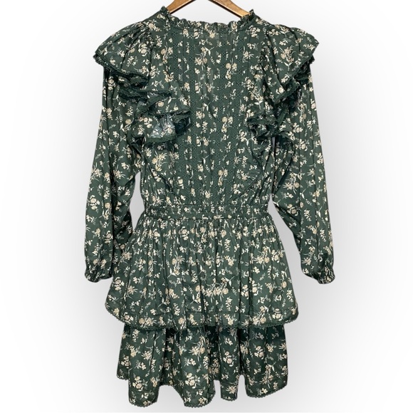 AE77 Green Floral Long Sleeve Tiered Mini Dress Women’s XS NWT - Picture 3 of 9